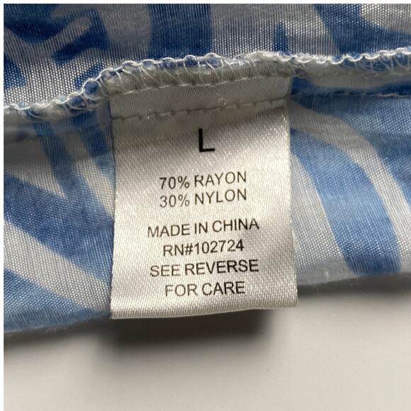 Grand & Greene Blue White Tropical Sheer Tunic Blouse L Roll Tab Sleeve Top - Picture 14 of 15